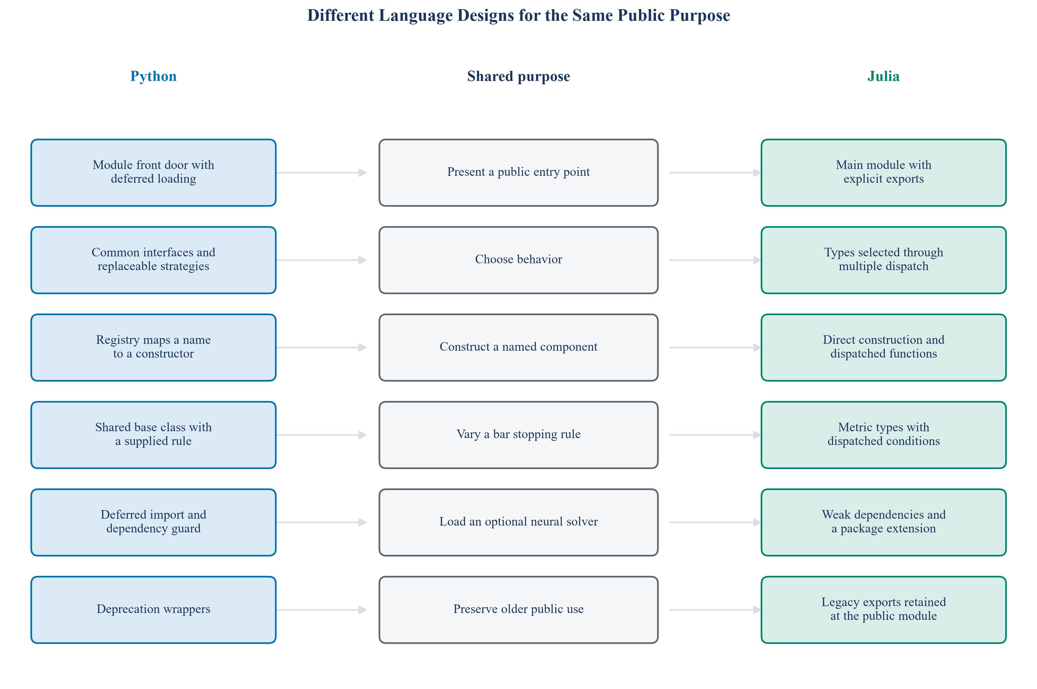 Comparison of related design choices in the public RiskLabAI Python and Julia packages.